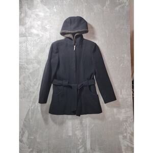 Vtg Mario De Pinto Hooded Coat Women’s M Black Wool Belted Classic Retro 90s